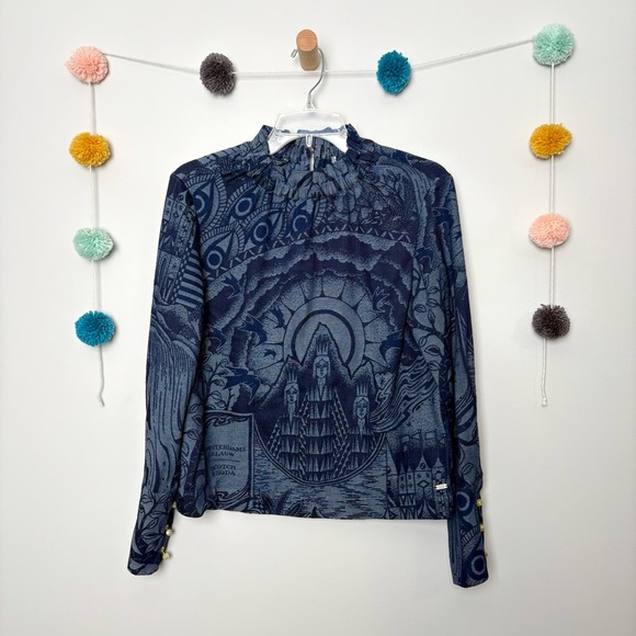 Scotch & Soda Blue Cosmic Graphic Fitted Button Shirt Blouse - Picture 1 of 12